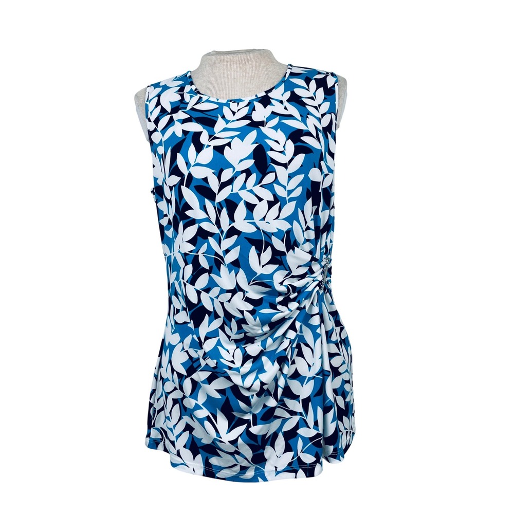 Karl Lagerfeld Paris Womens Blue White Leaf Print Ruched Sleeveless Top Medium